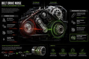 Automotive belt drive noise infographic showing common causes of vibration and engineering solutions, including Alternator Decoupler Pulley (ADP) technology.