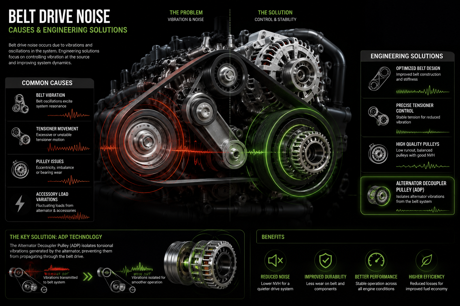 Automotive belt drive noise infographic showing common causes of vibration and engineering solutions, including Alternator Decoupler Pulley (ADP) technology.