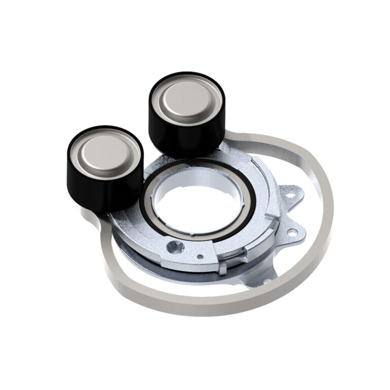 BSG Side Arm Tensioner assembly with two pulleys and a spring-loaded tensioning mechanism for mild-hybrid belt drive systems.